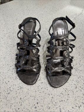 Stuart Weitzman Saturn Black Metallic Strappy Heels